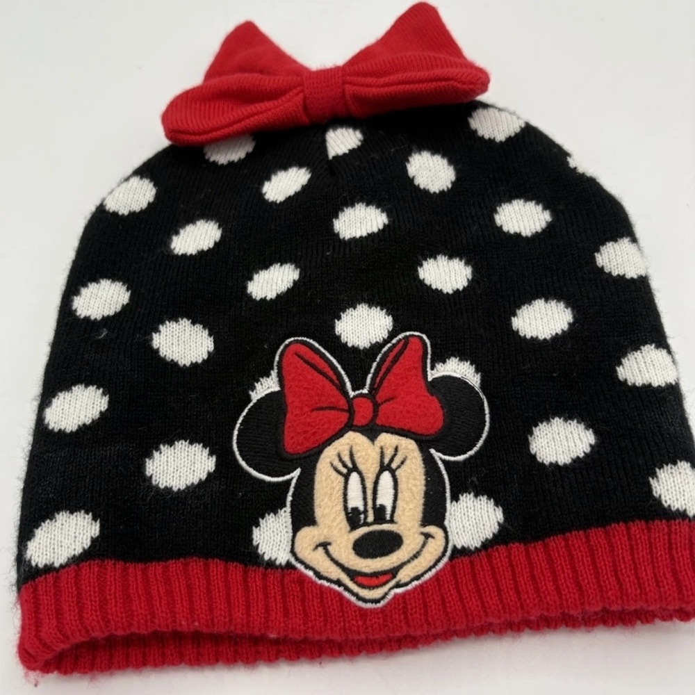 Disney Minnie Mouse Beanie Hat Size 2T- 5T  Polka Dot Black  White Red Bow
